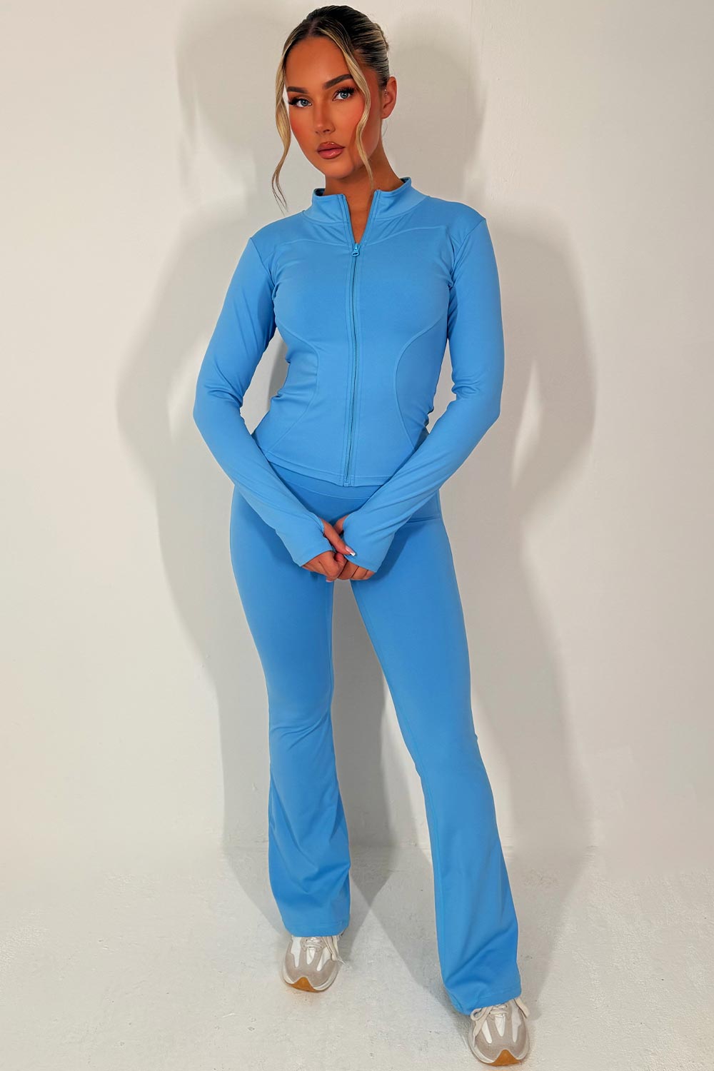 flare trousers with ruched scrunch bum and skims zip up sculpt sports jacket two piece set baby blue