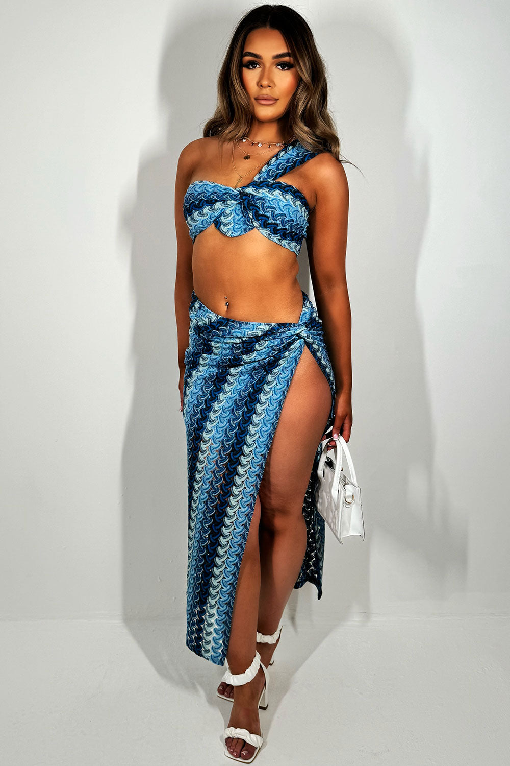 one shoulder crop top and side split maxi skirt co ord set