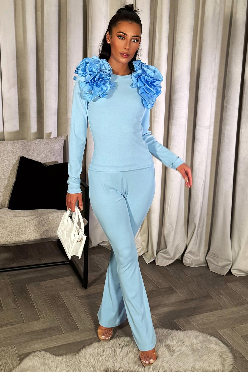 ruffle frill shoulder top and trousers co ord set matching outfit