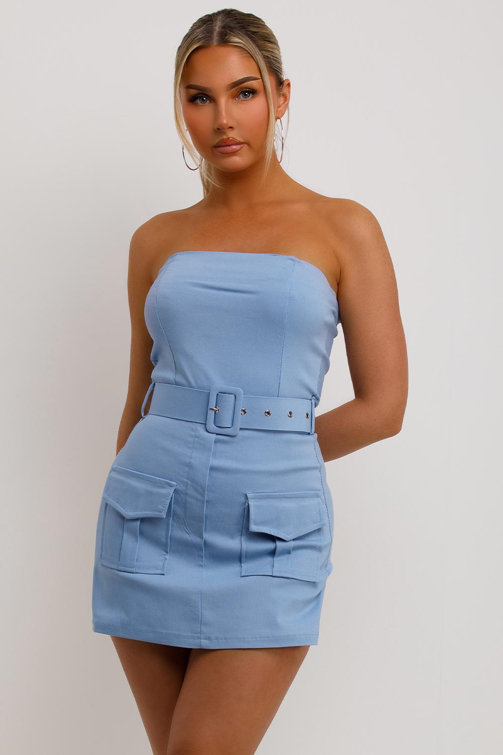 sky blue cargo playsuit with belt and pockets going out occasion outfit