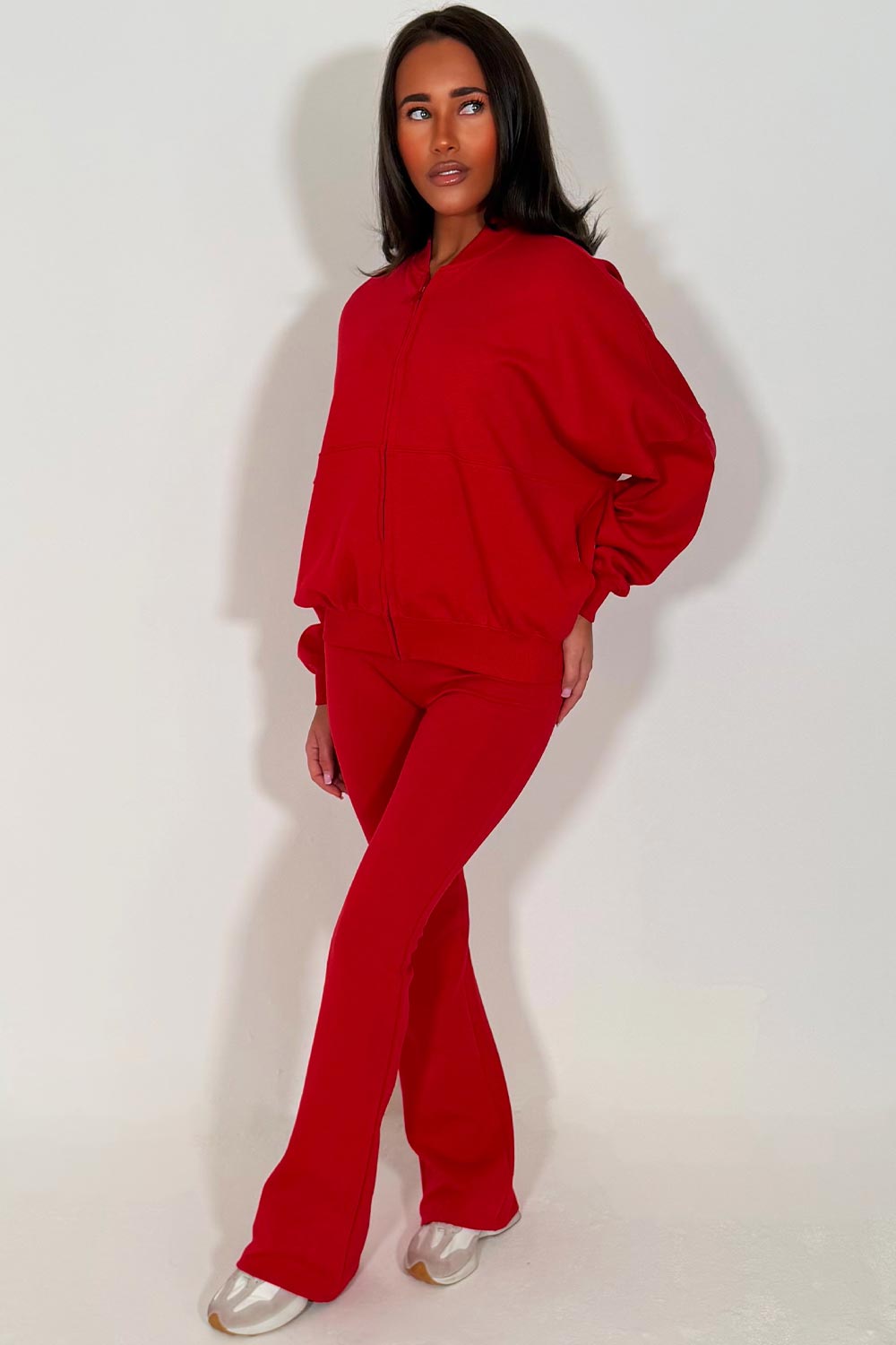 bell bottom flare trouser and bomber sweatshirt with zip tracksuit oatmeal styledup womens