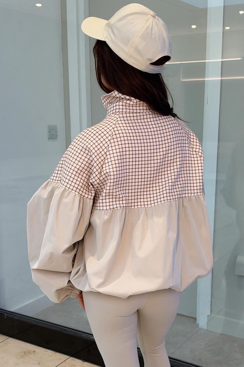 funnel neck check print balloon sleeve jacket styledup uk