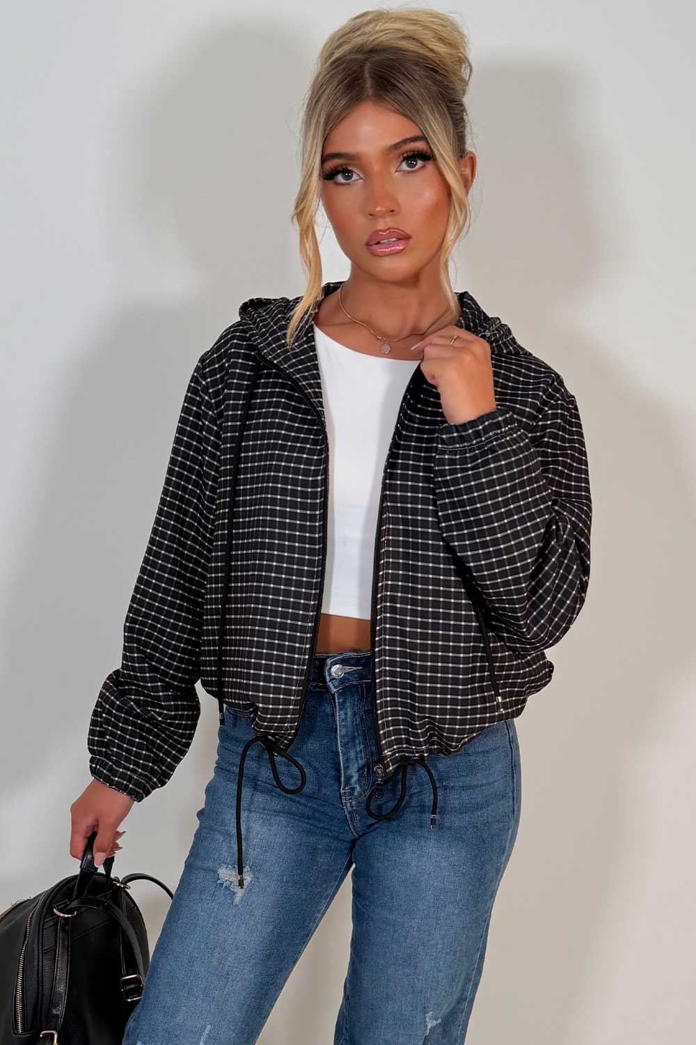 womens hooded checked jacket windbreaker festival outfit styledup