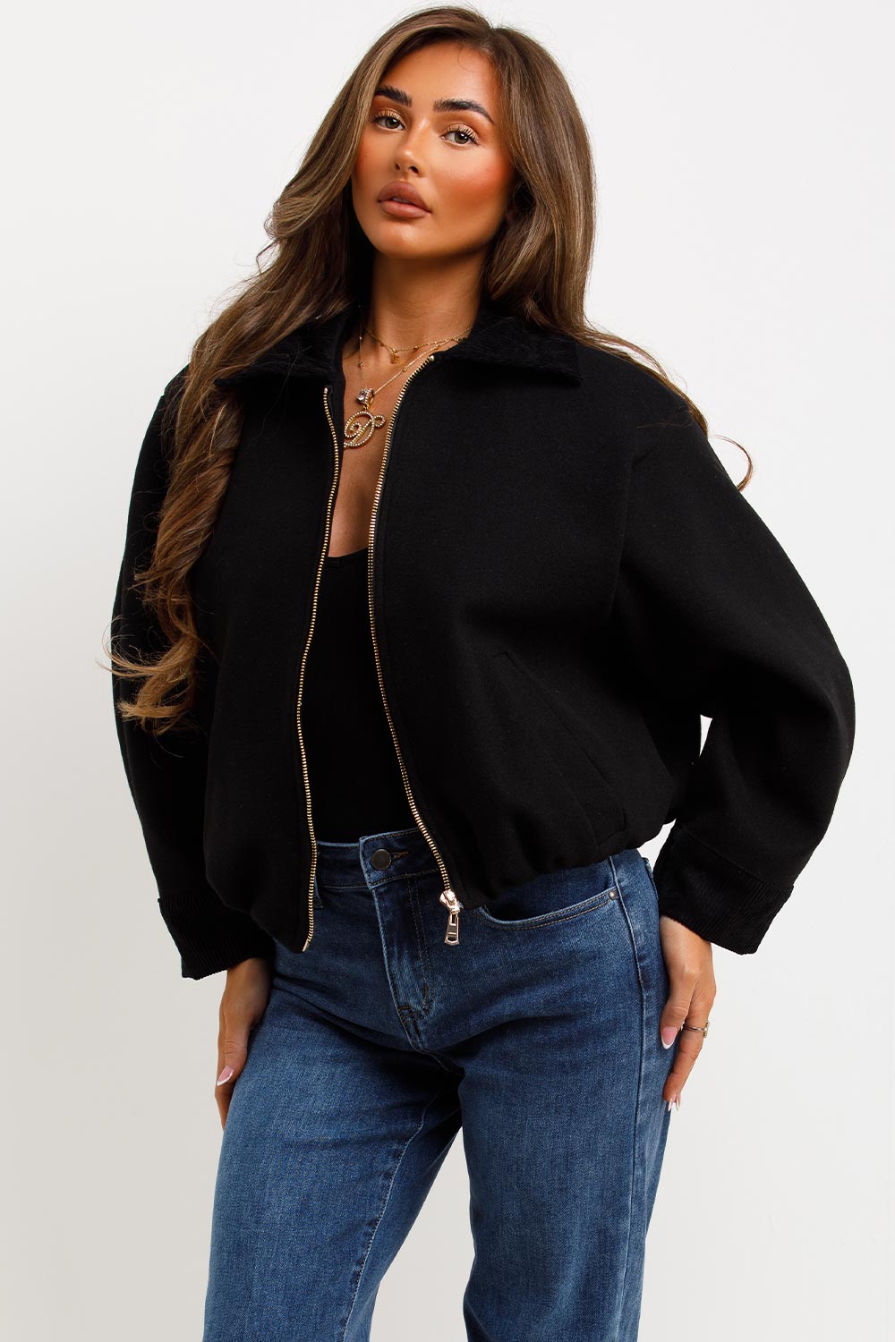 black corduroy collar and cuff short bomber jacket with zip up zara womens