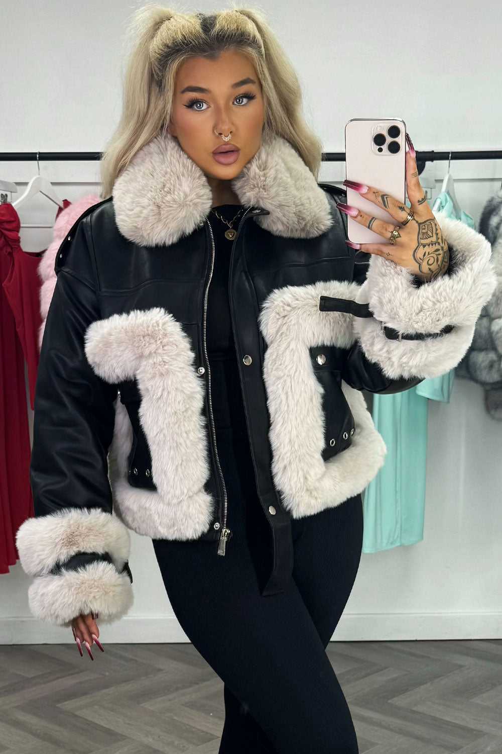 faux fur faux leather bomber jacket styledup