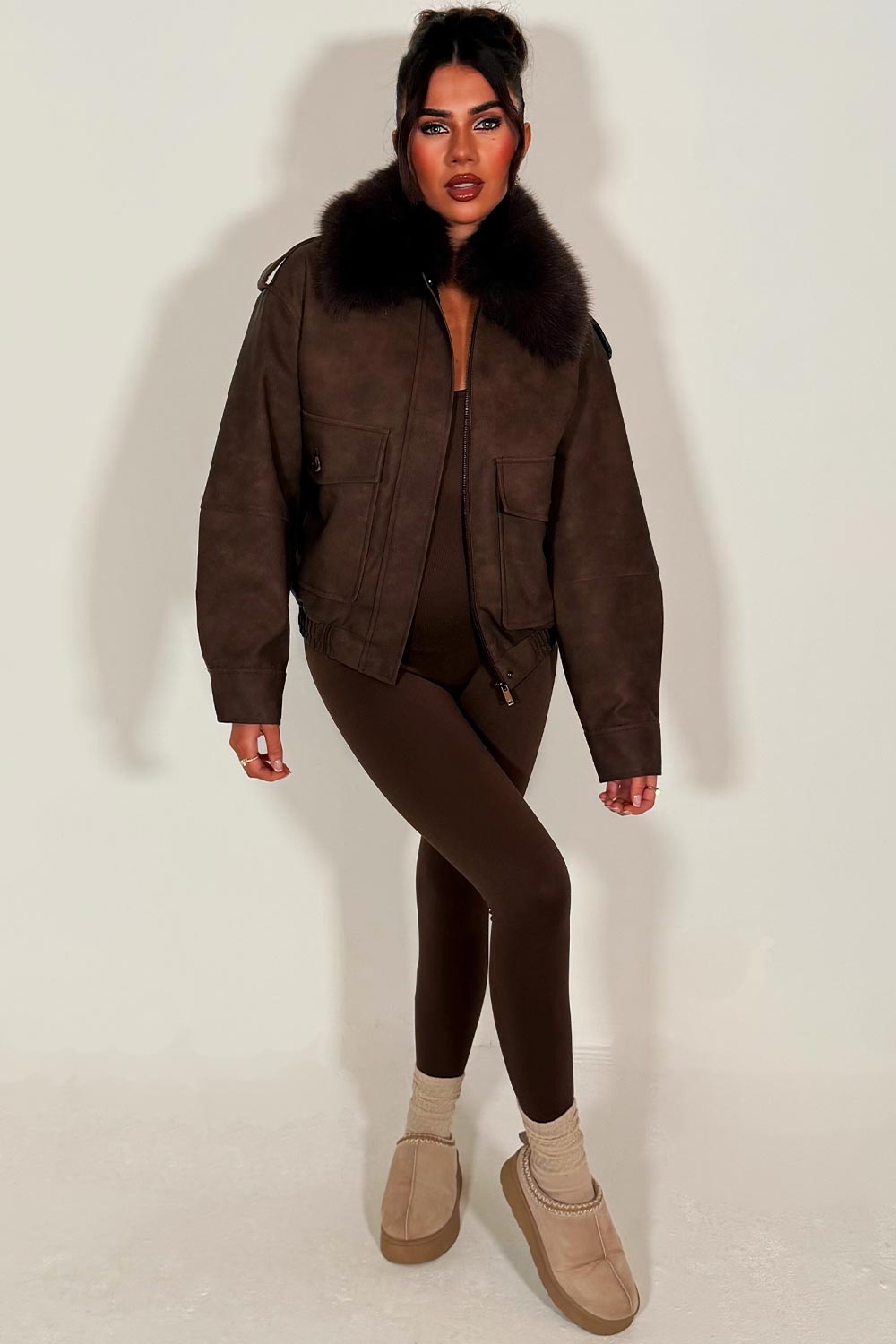 womens faux suede faux fur collar winter jacket brown styledup