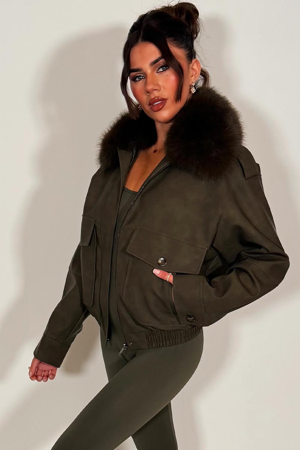 womens faux suede faux fur collar winter jacket khaki styledup