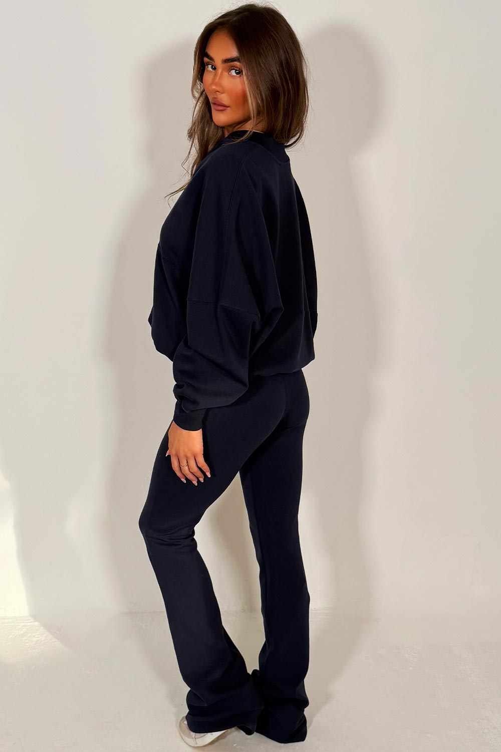 zara womens bomber sweatshirt and flare leg trouser two piece loungewear set navy tracksuit styledup