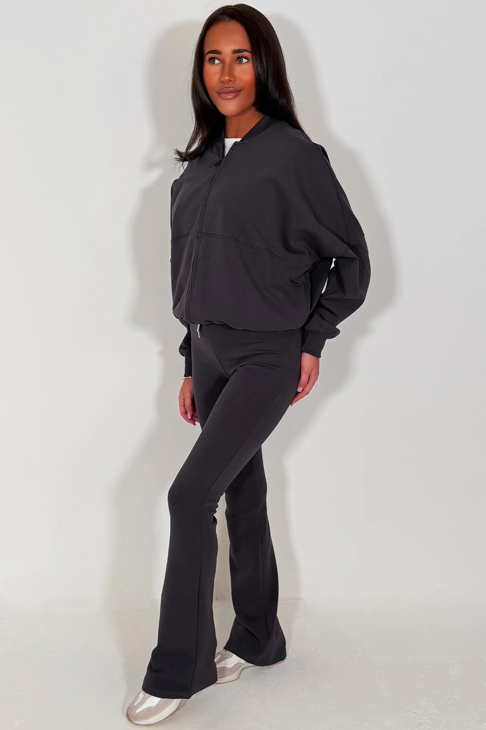 bell bottom flare trouser and bomber sweatshirt with zip tracksuit charcoal styledup womens