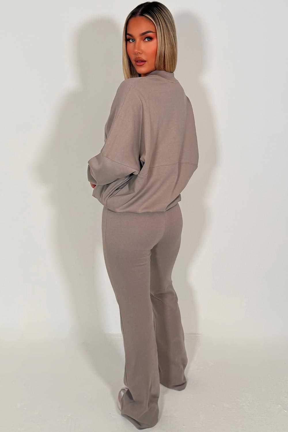 bomber sweatshirt and flare leg trouser tracksuit set dove grey