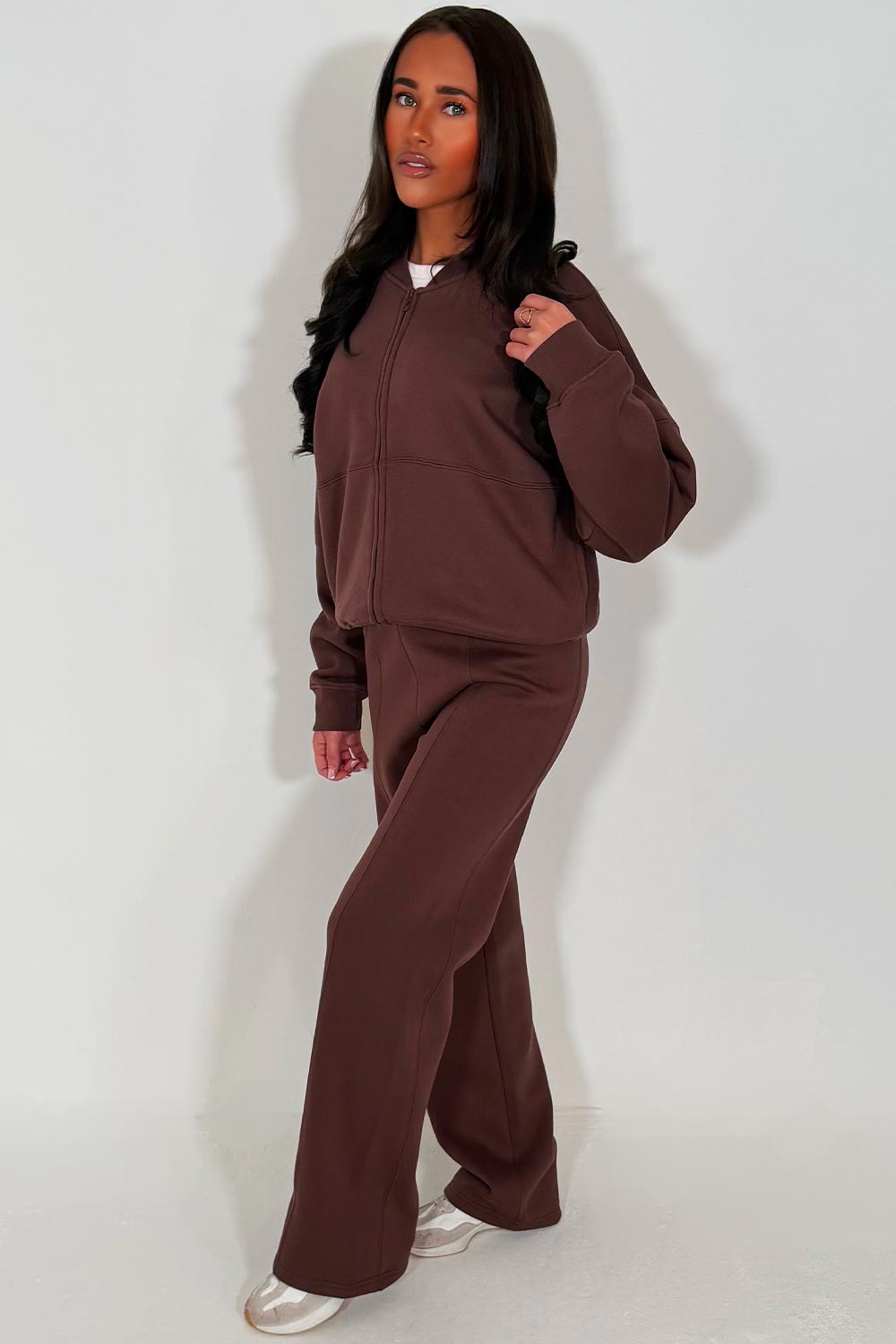 womens brown bomber sweatshirt and straight leg joggers tracksuit set