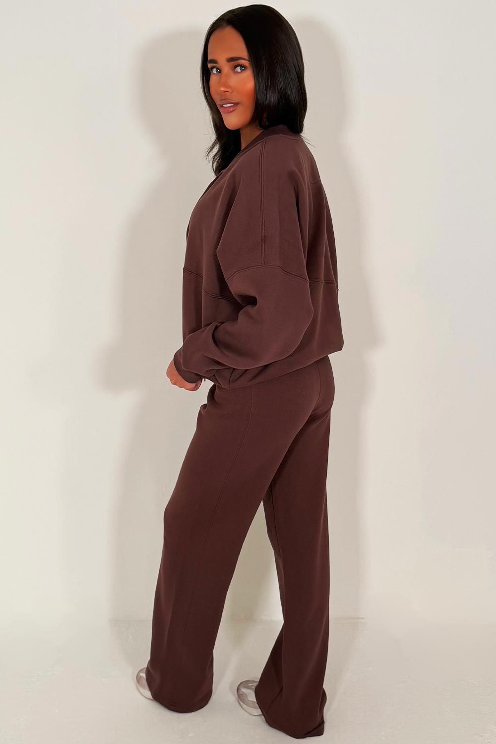womens brown bomber sweatshirt with zip and straight leg joggers tracksuit set loungewear co ord