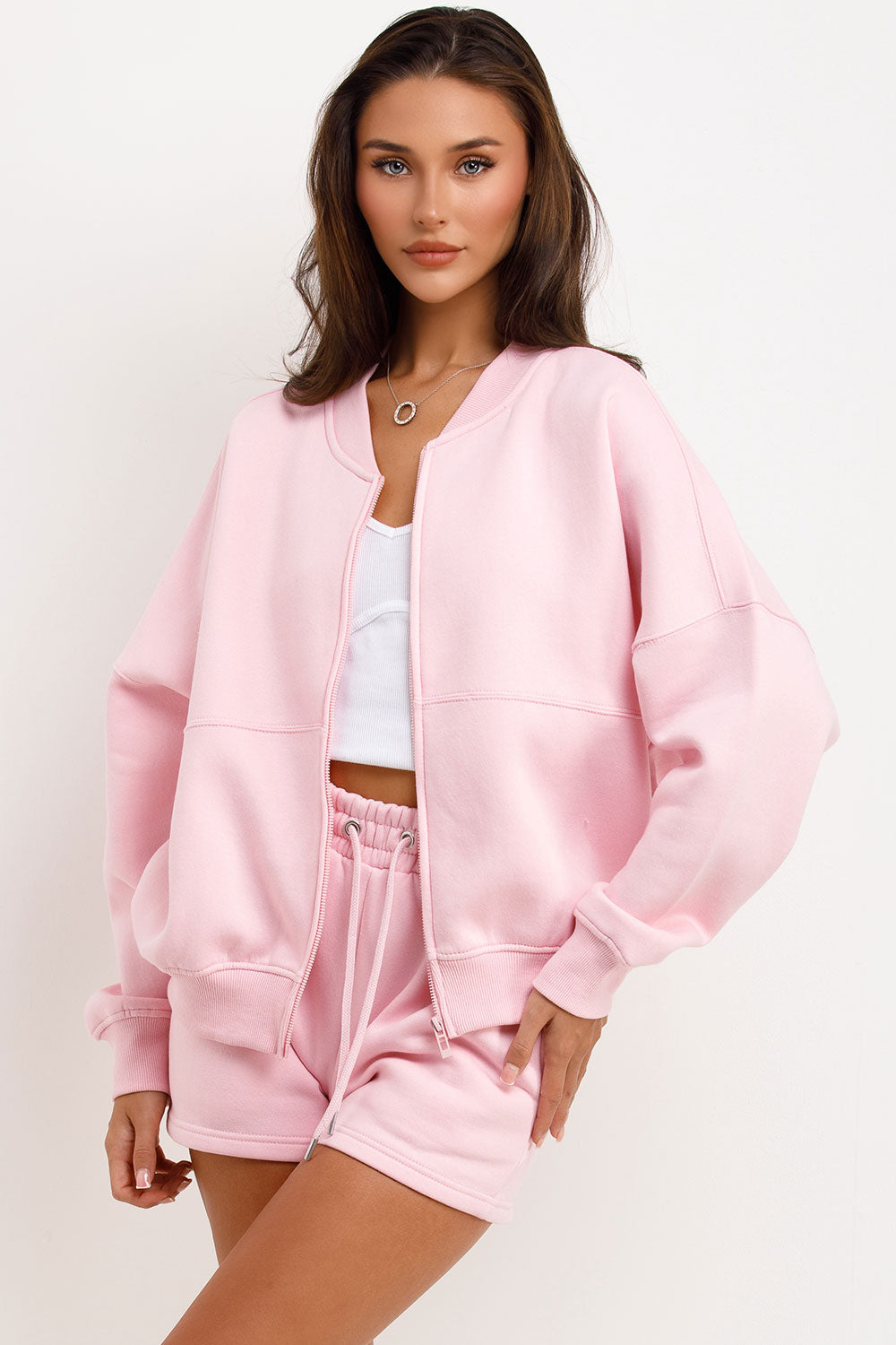 womens short tracksuit bomber jacket and shorts two piece set