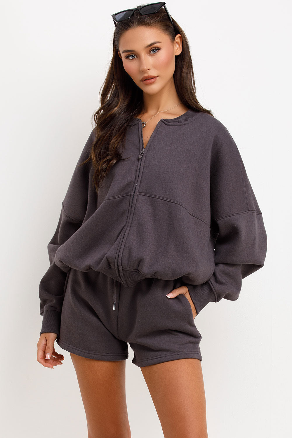 womens short tracksuit bomber jacket and shorts two piece set