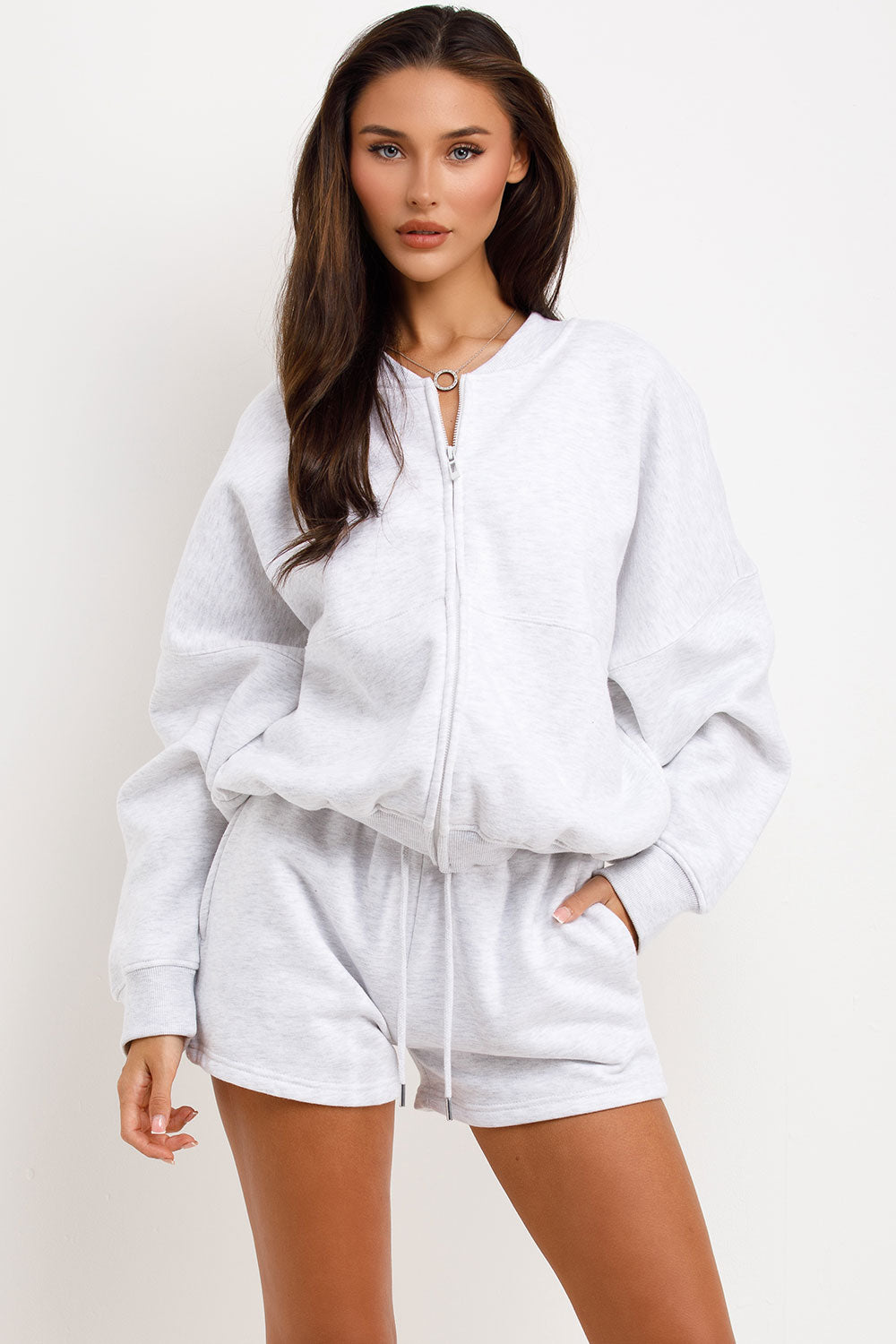 womens short tracksuit bomber jacket and shorts two piece set