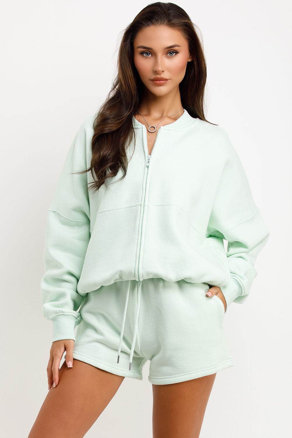 womens short tracksuit bomber jacket and shorts two piece set