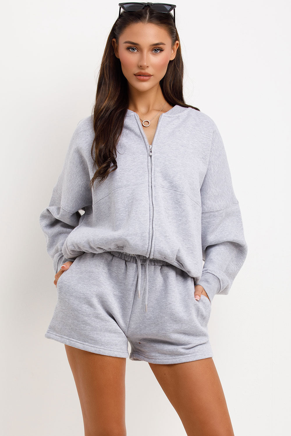 womens short tracksuit bomber jacket and shorts two piece set