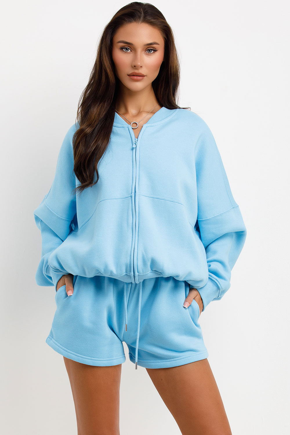 womens short tracksuit bomber jacket and shorts lounge set airport outfit