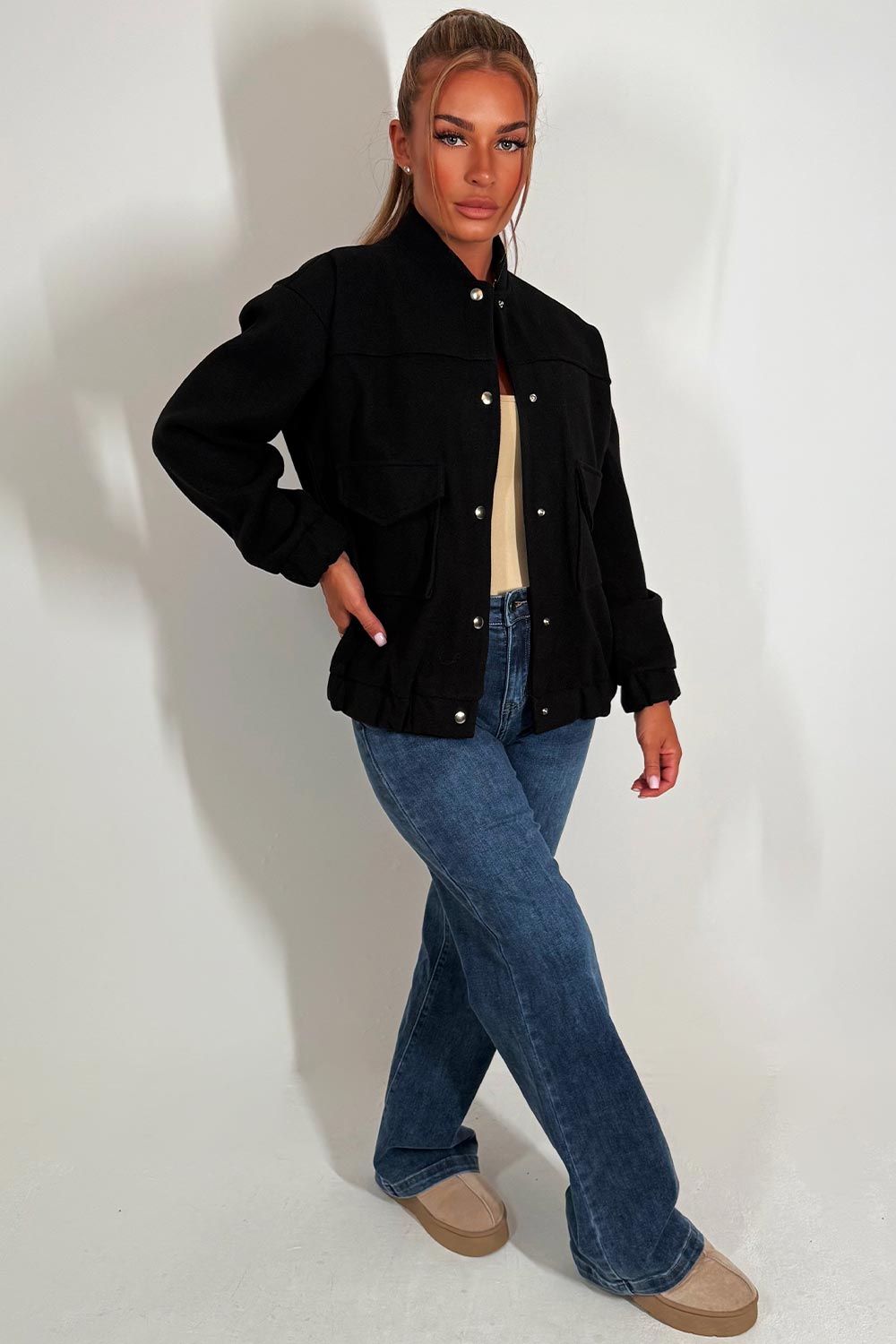 womens bomber jacket with long sleeves and pockets zara uk
