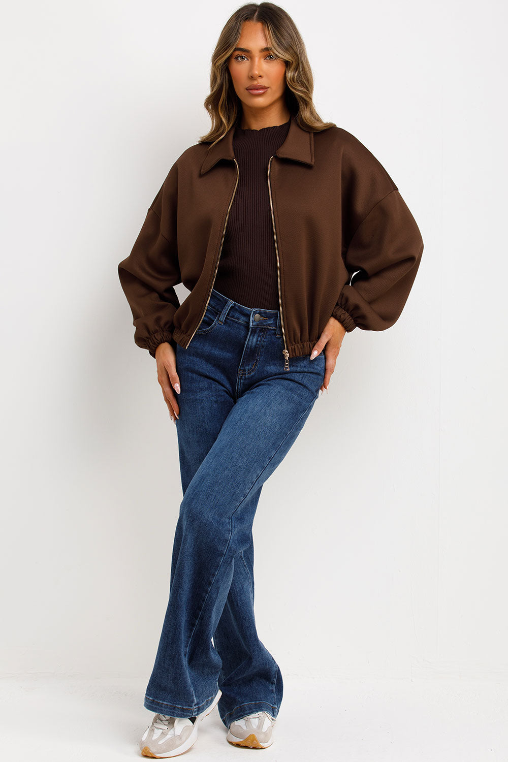 brown puffed bomber jacket with double welt pockets long sleeves zara uk for womens