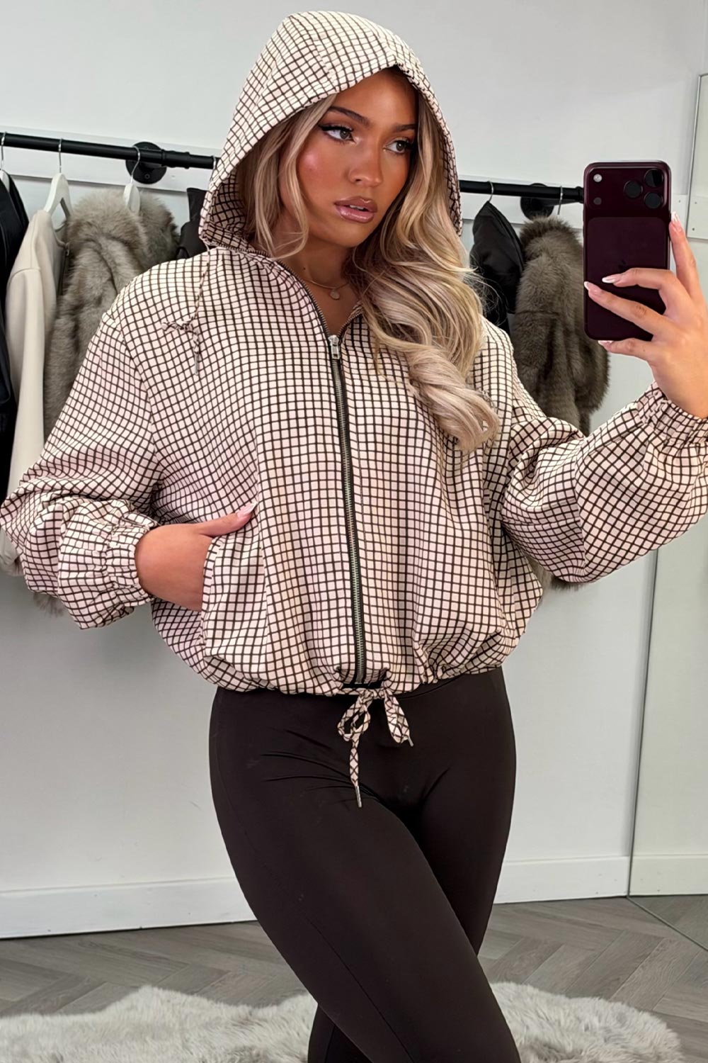 womens checked jacket with hood long sleeves drawstring hem styledup uk