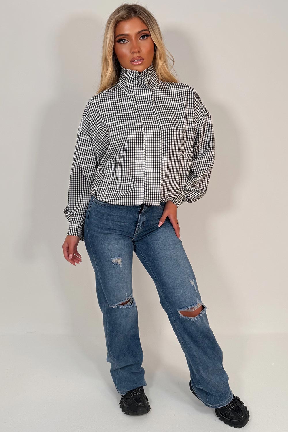 womens black white checked jacket with drawstring hem styledup uk