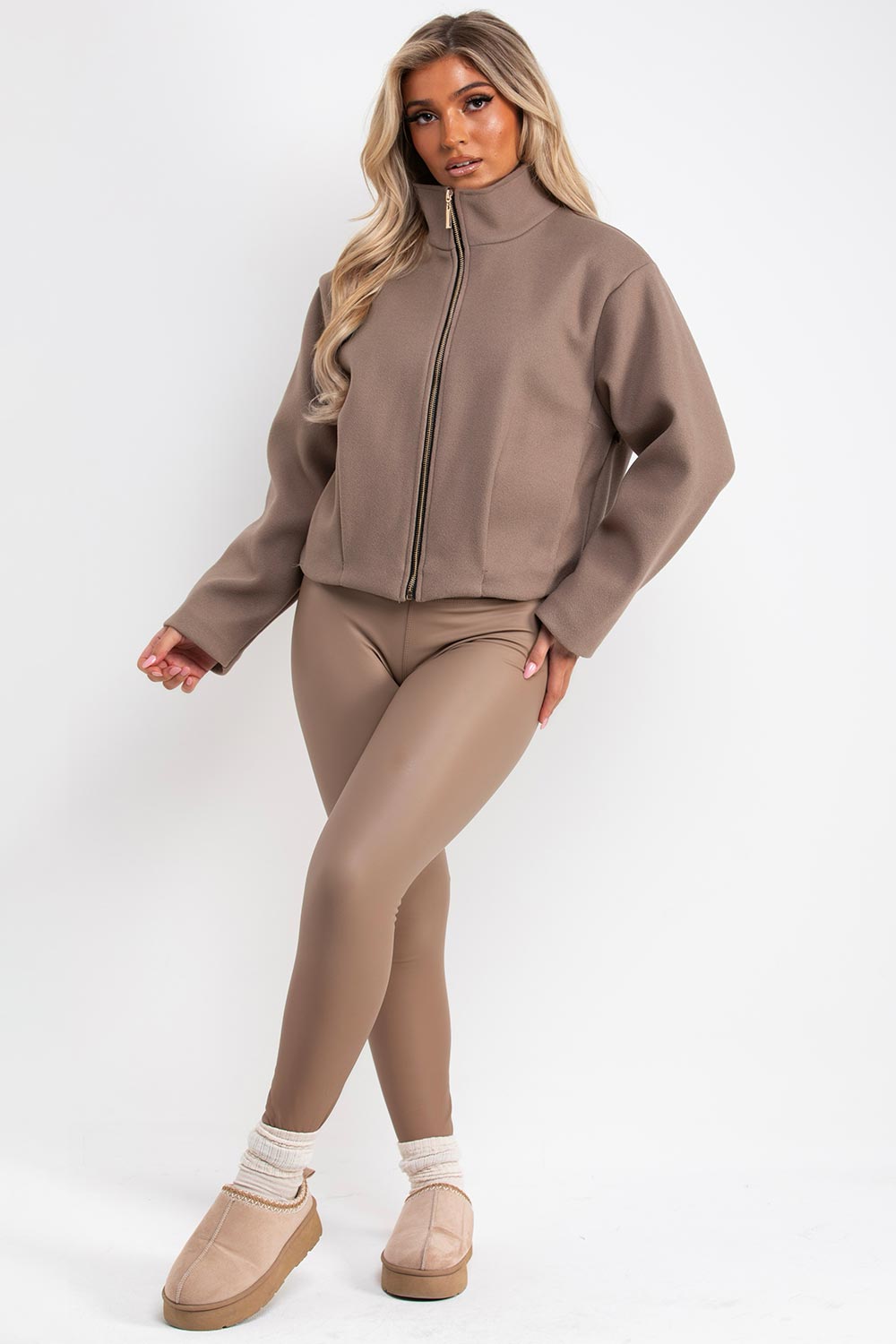 zara womens funnel neck taupe bomber jacket styledup uk