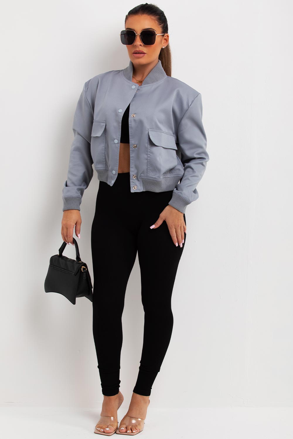 zara crop bomber jacket with pockets and padded shoulders womens