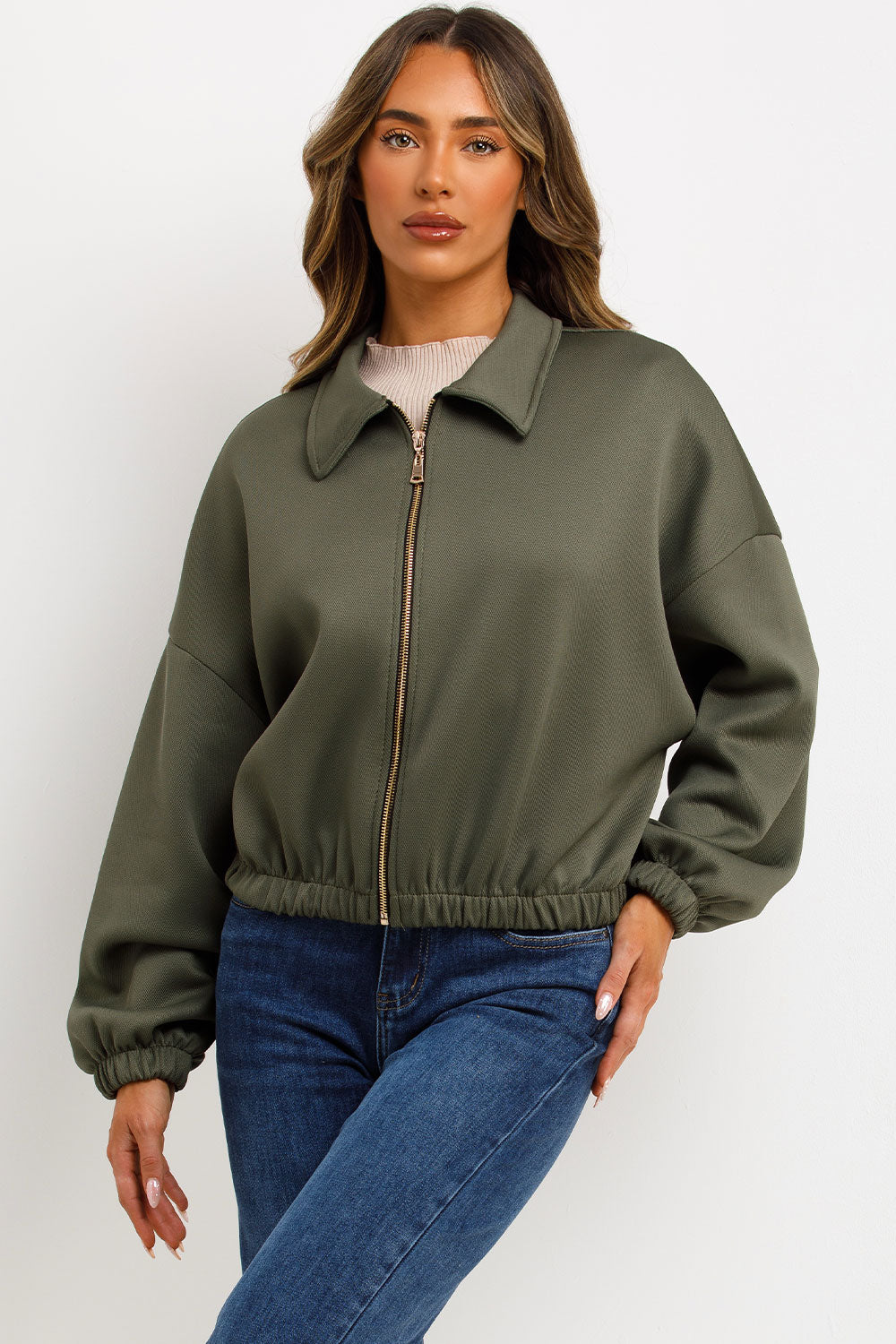 khaki puffed bomber jacket with double welt pockets long sleeves zara uk for womens