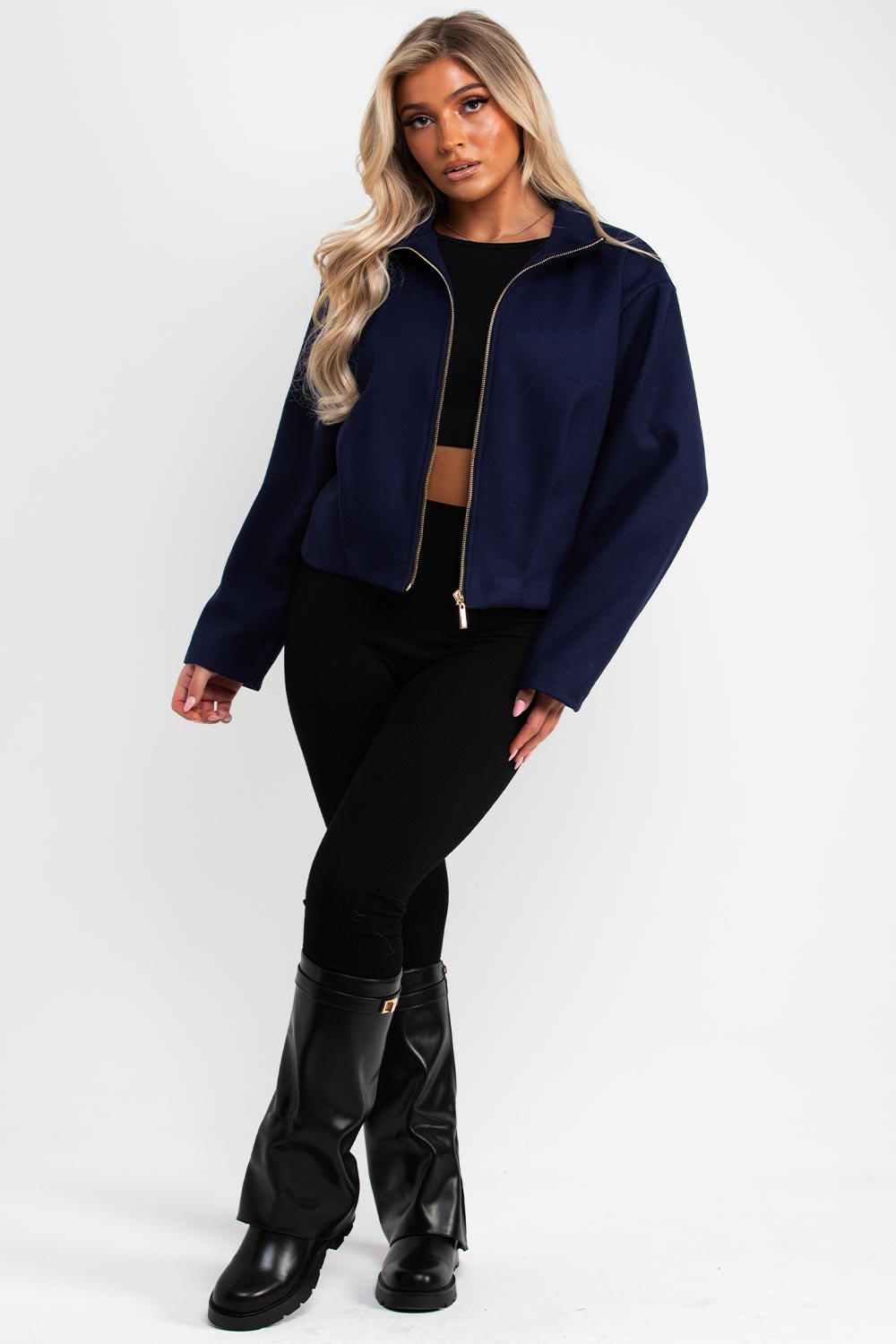 zara womens high neck navy bomber jacket funnel neck styledup uk