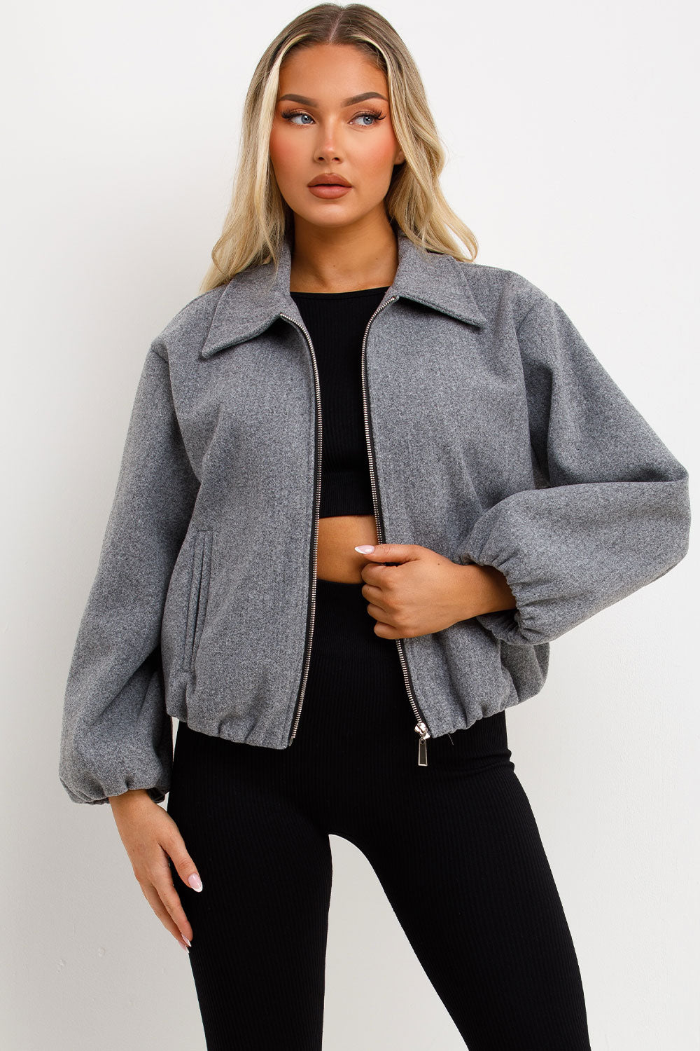 grey puffed bomber jacket with double welt pockets long sleeves zara uk for womens
