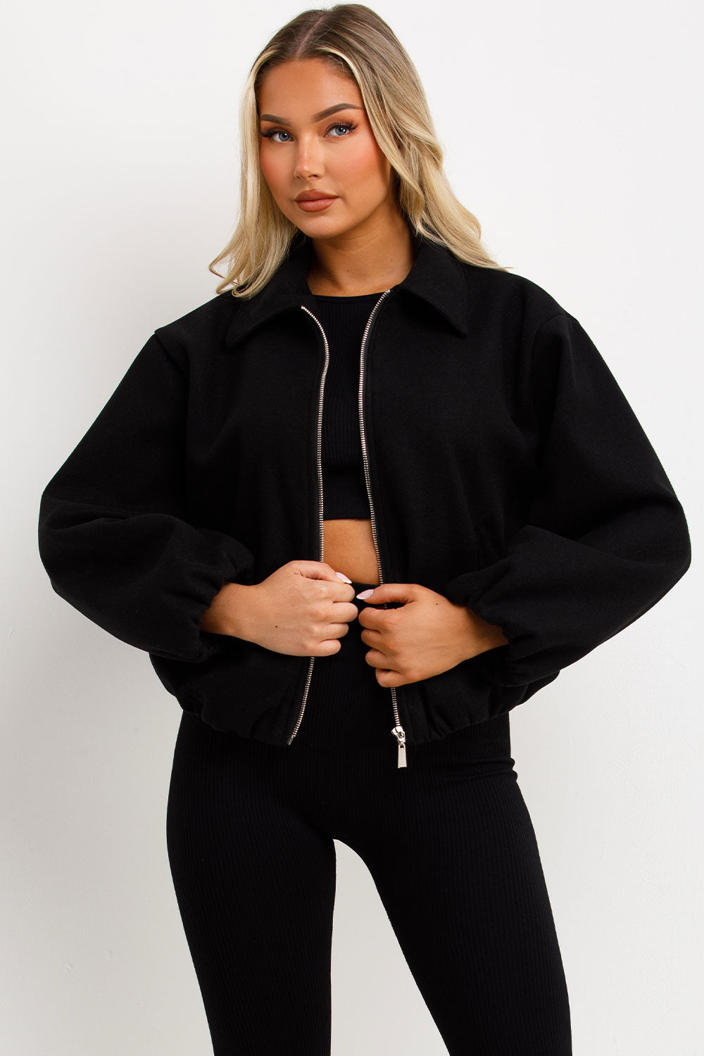 black puffed bomber jacket with double welt pockets long sleeves zara uk for womens