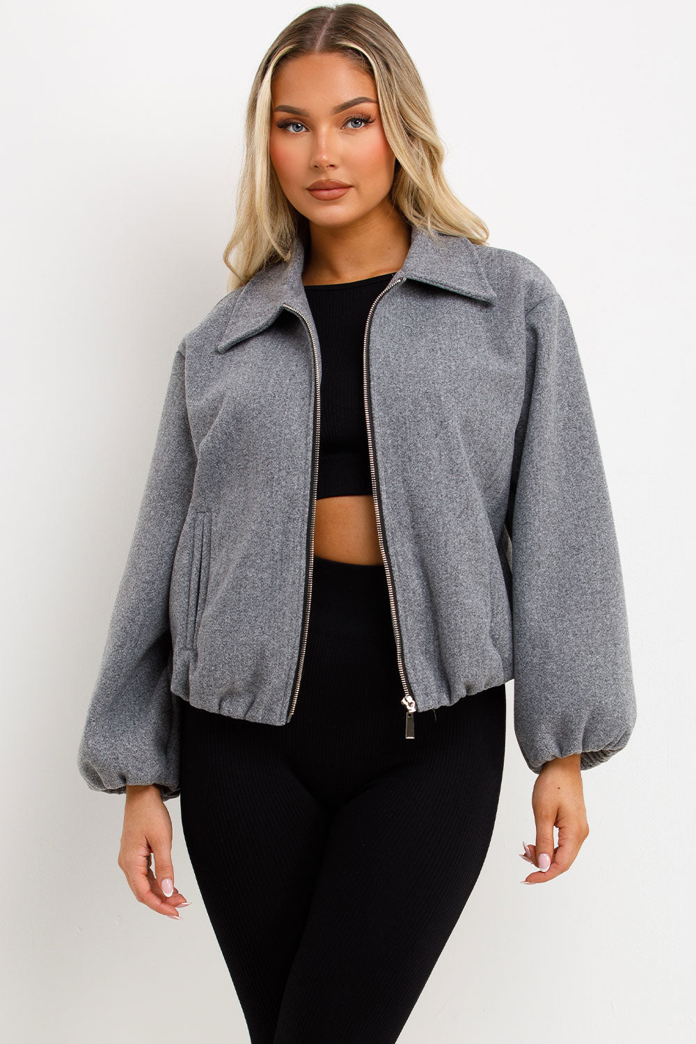 puffed bomber jacket with front pockets womens uk