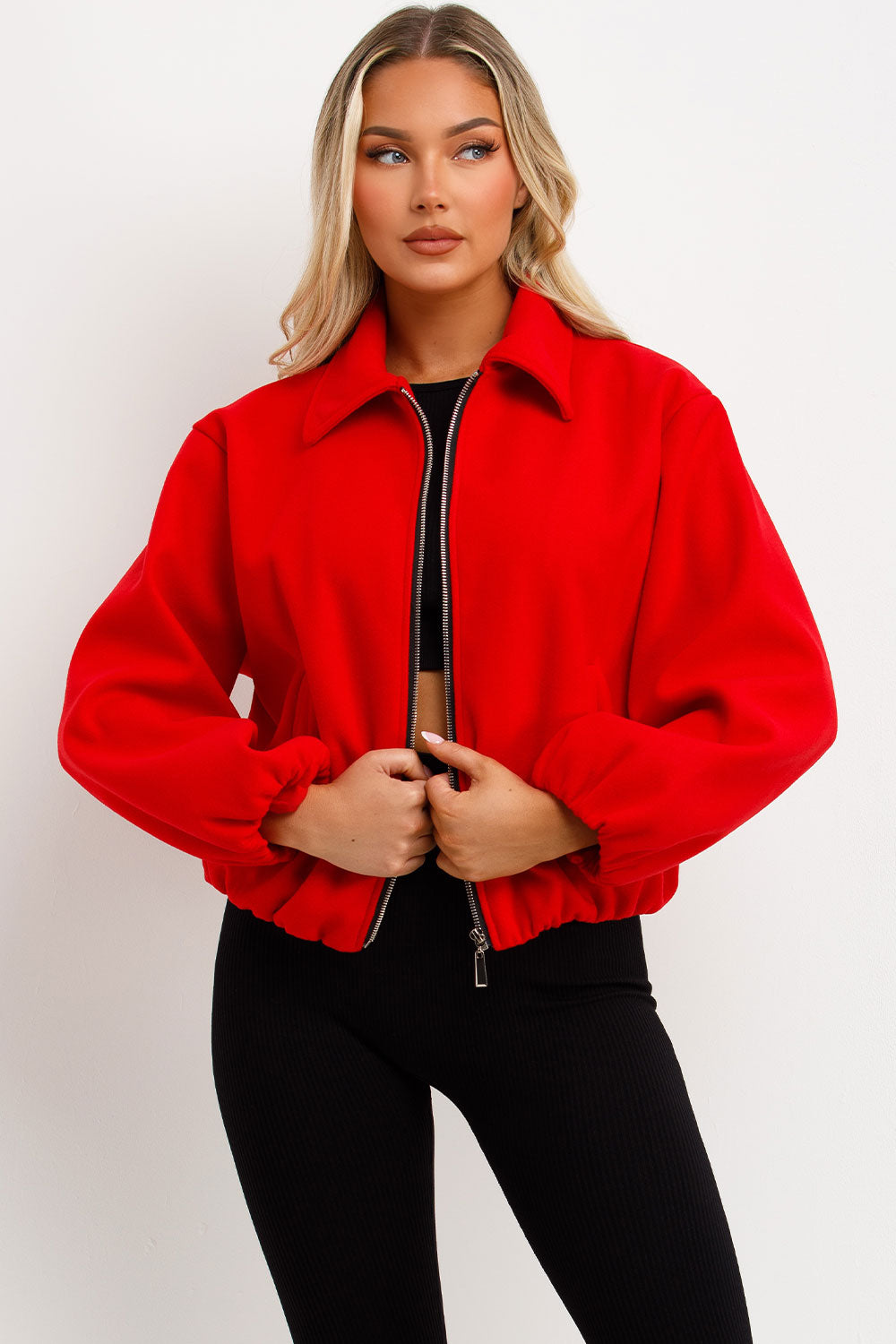 red puffed bomber jacket with double welt pockets long sleeves zara uk for womens