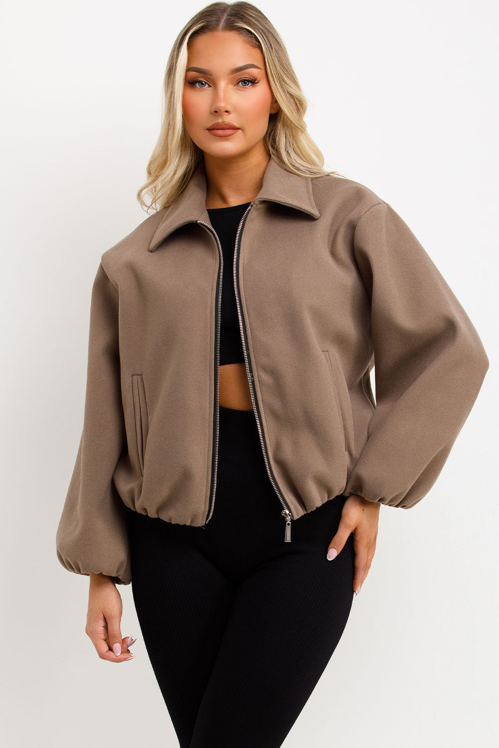 puffed bomber jacket with front pockets womens uk