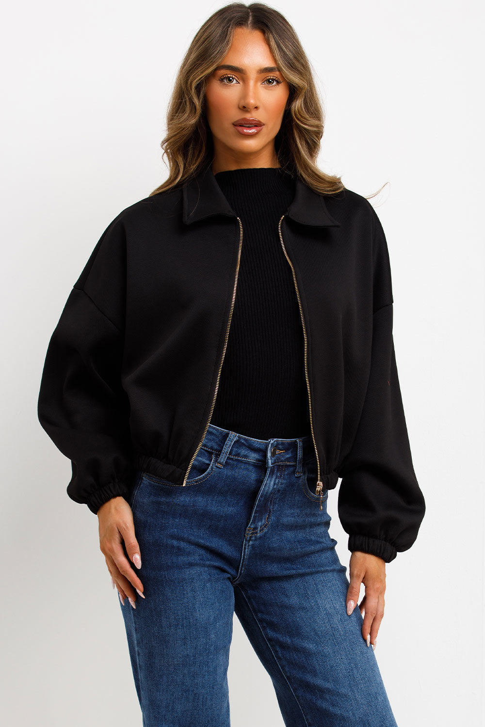 puffed bomber jacket with lapel collar double welt pockets zara womens