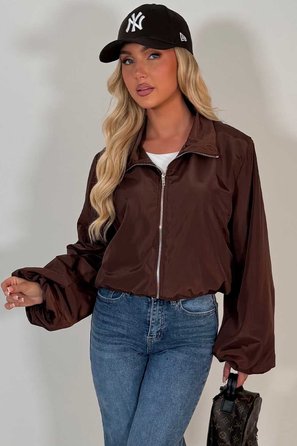 womens brown festival jacket funnel neck