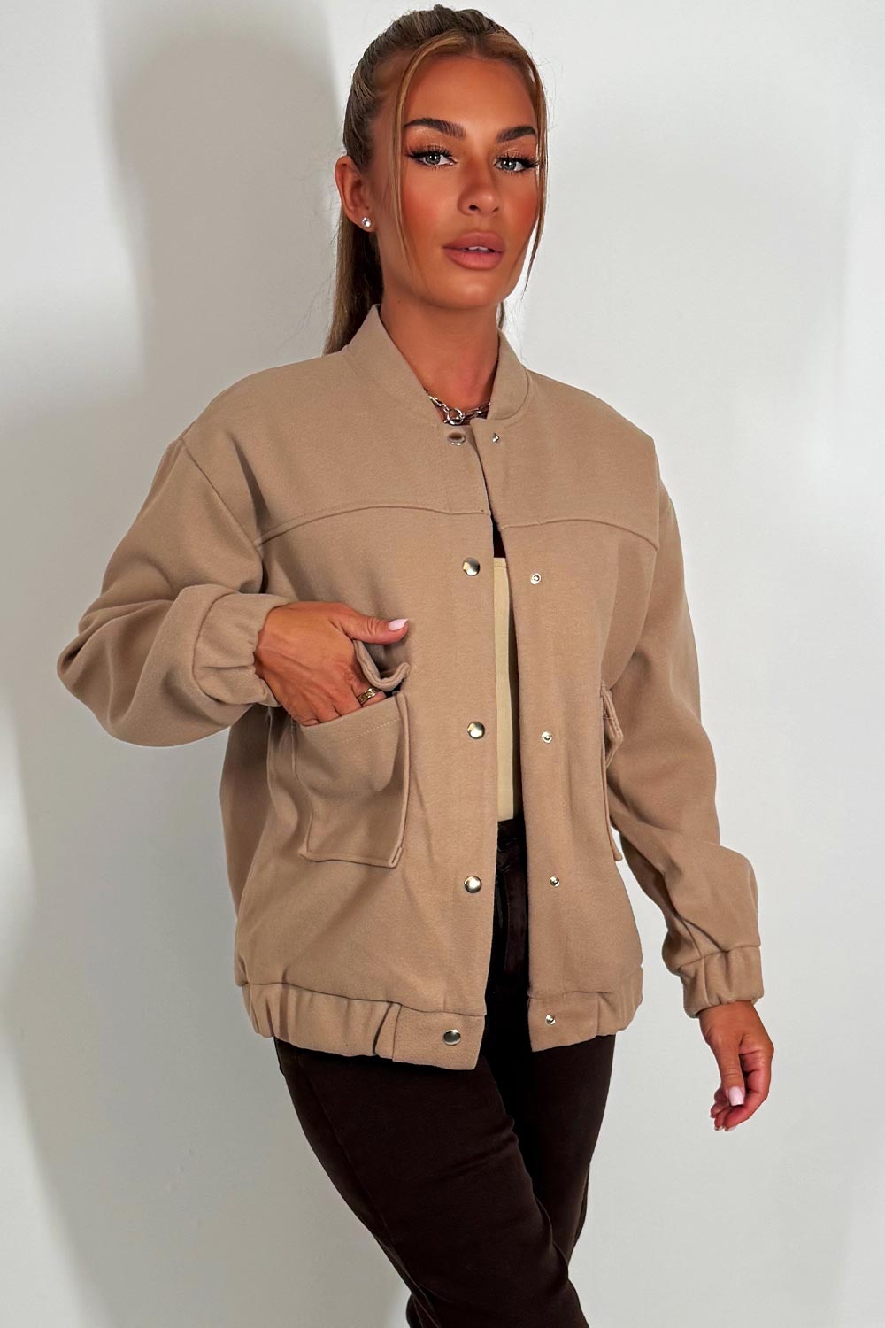 womens bomber jacket with long sleeves and pockets zara uk