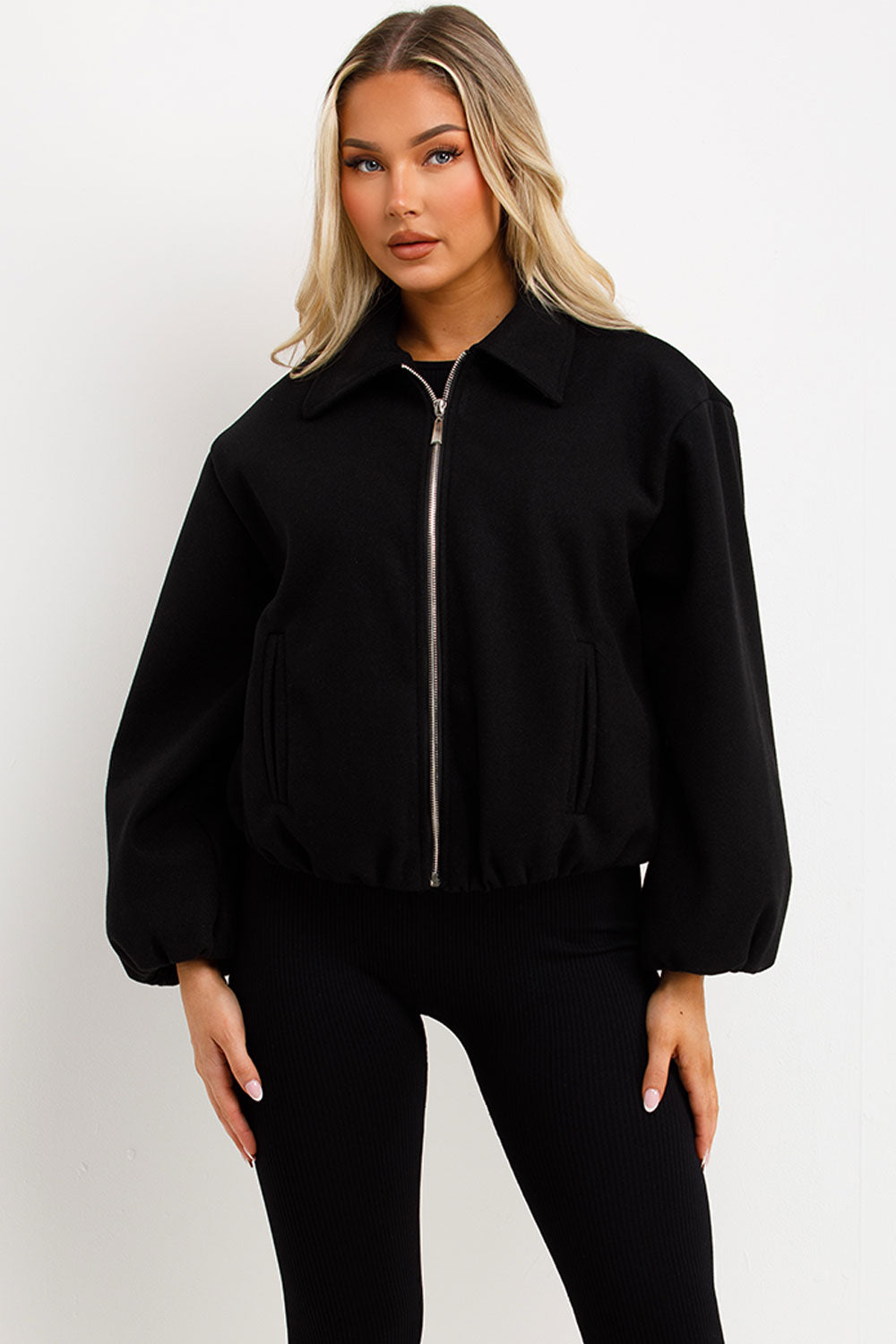 womens black puffed bomber jacket with front double welt pockets zara womens uk