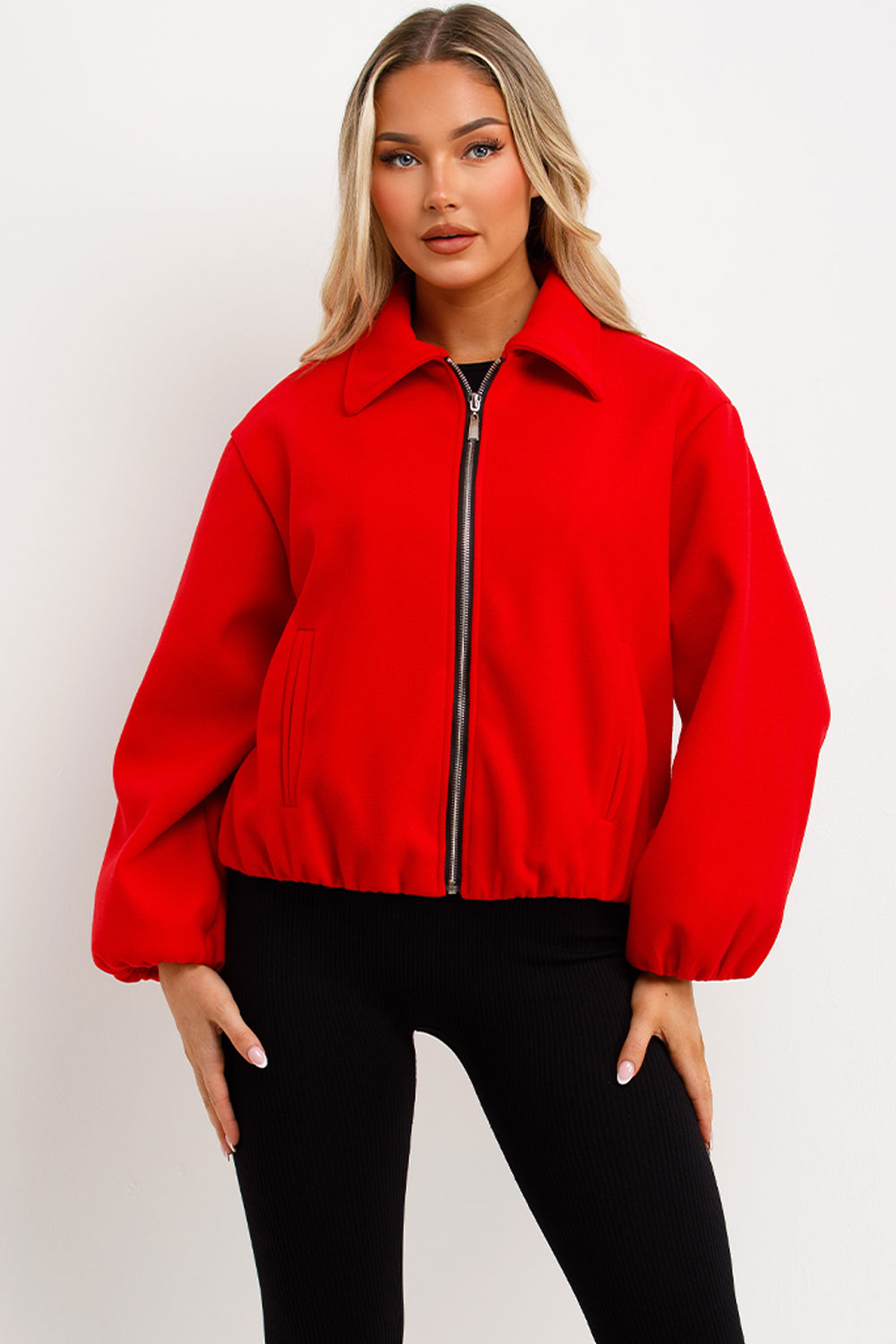 womens red puffed bomber jacket with front double welt pockets zara womens uk
