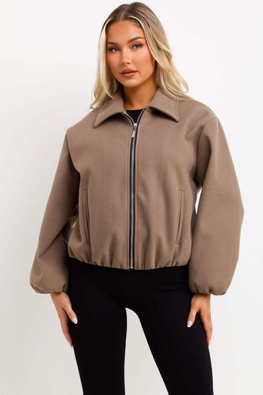 taupe puffed bomber jacket with double welt pockets long sleeves zara uk for womens