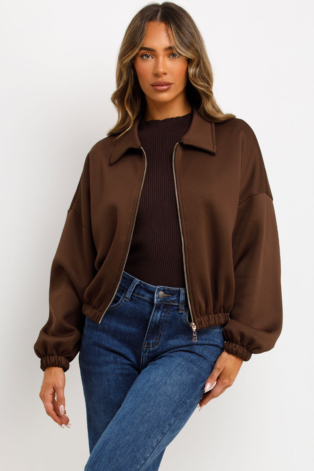 zara womens brown puffed bomber jacket with lapel collars double welt front pockets sale uk styledup outerwear