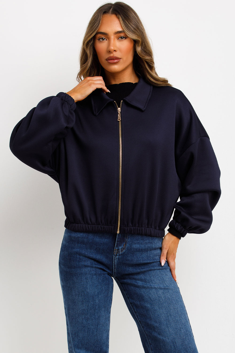 zara womens navy puffed bomber jacket with lapel collars double welt front pockets sale uk styledup outerwear