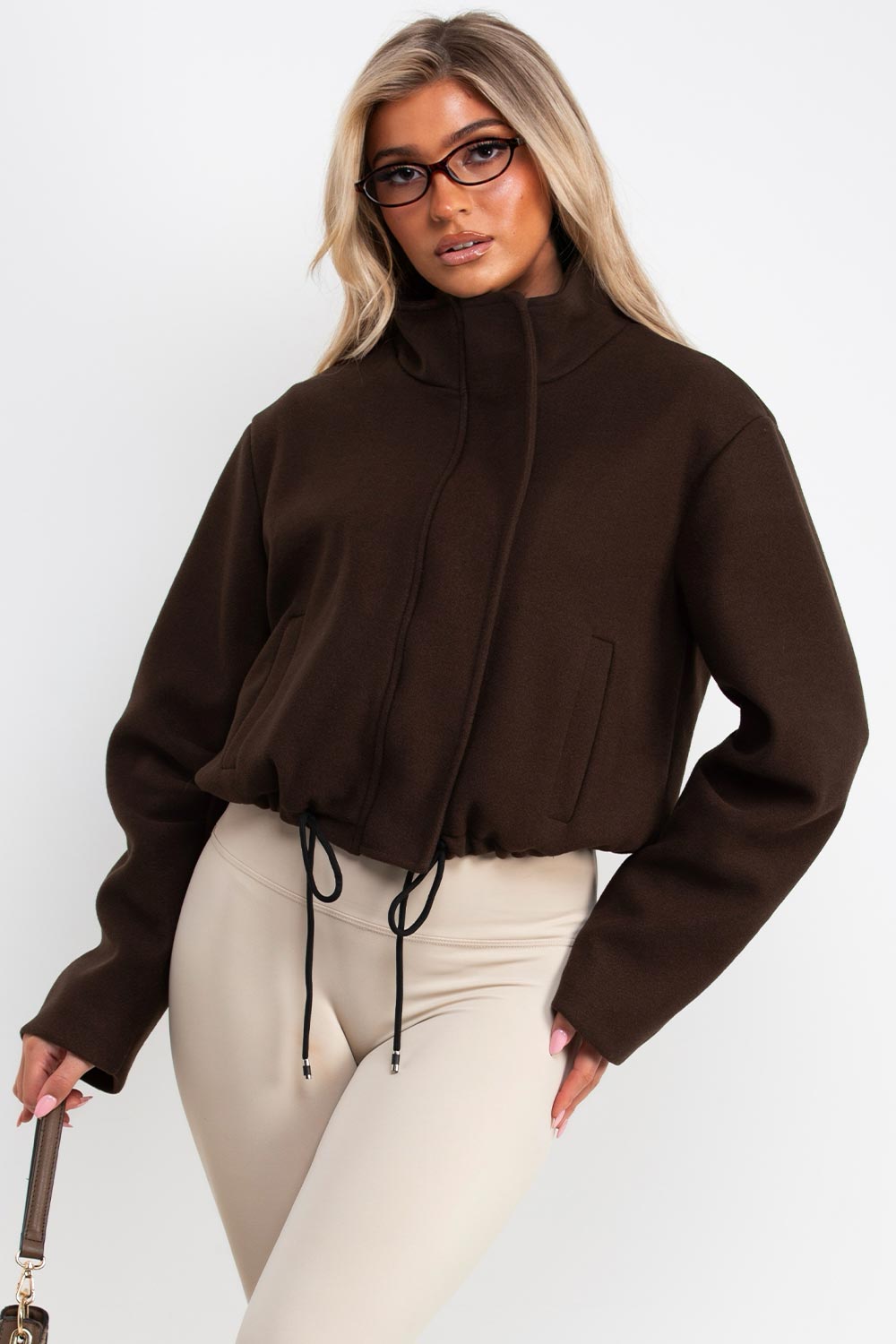 womens brown funnel neck jacket with drawstring hem long sleeves zara uk everyday jacket styledup uk