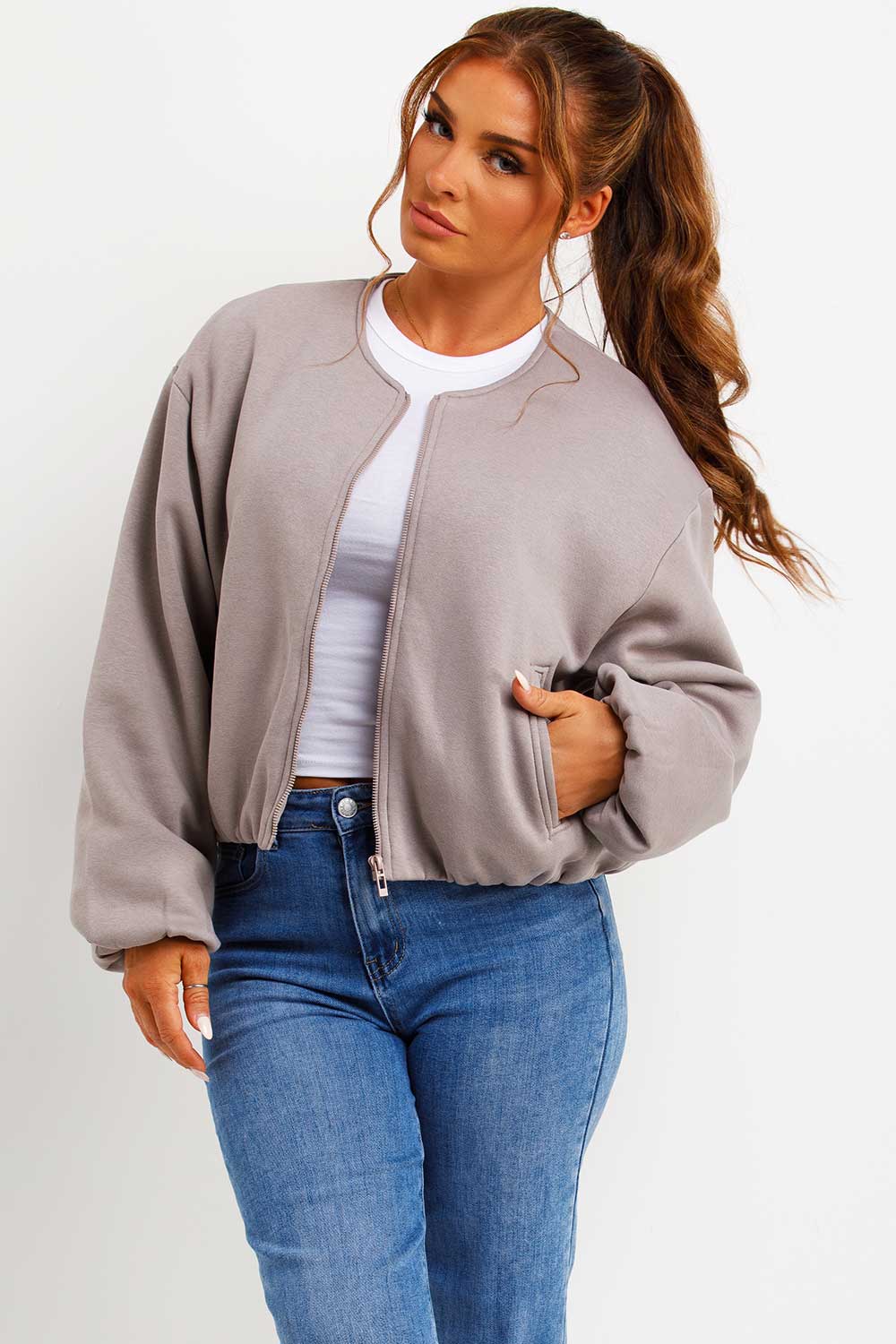 grey bomber jacket with zip and elasticated hem zara womens uk