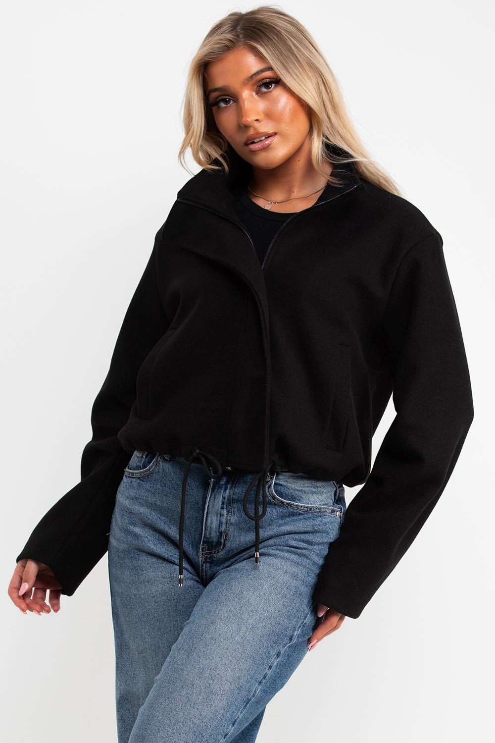 black funnel neck jacket with drawstrinh hem styledup uk
