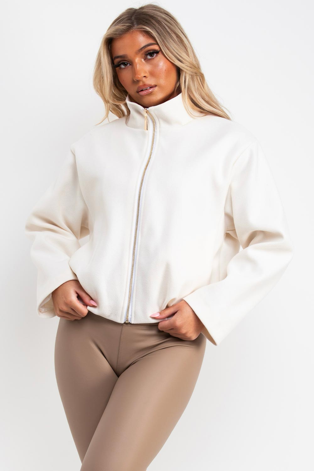 zara womens high neck cream bomber jacket funnel neck styledup uk
