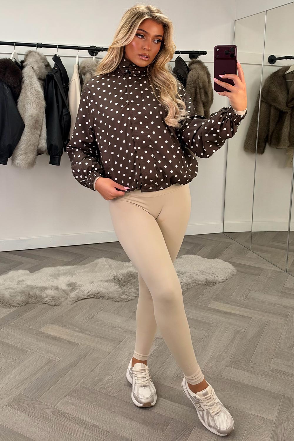 womens brown windbreaker jacket polka dot print stradivarius uk