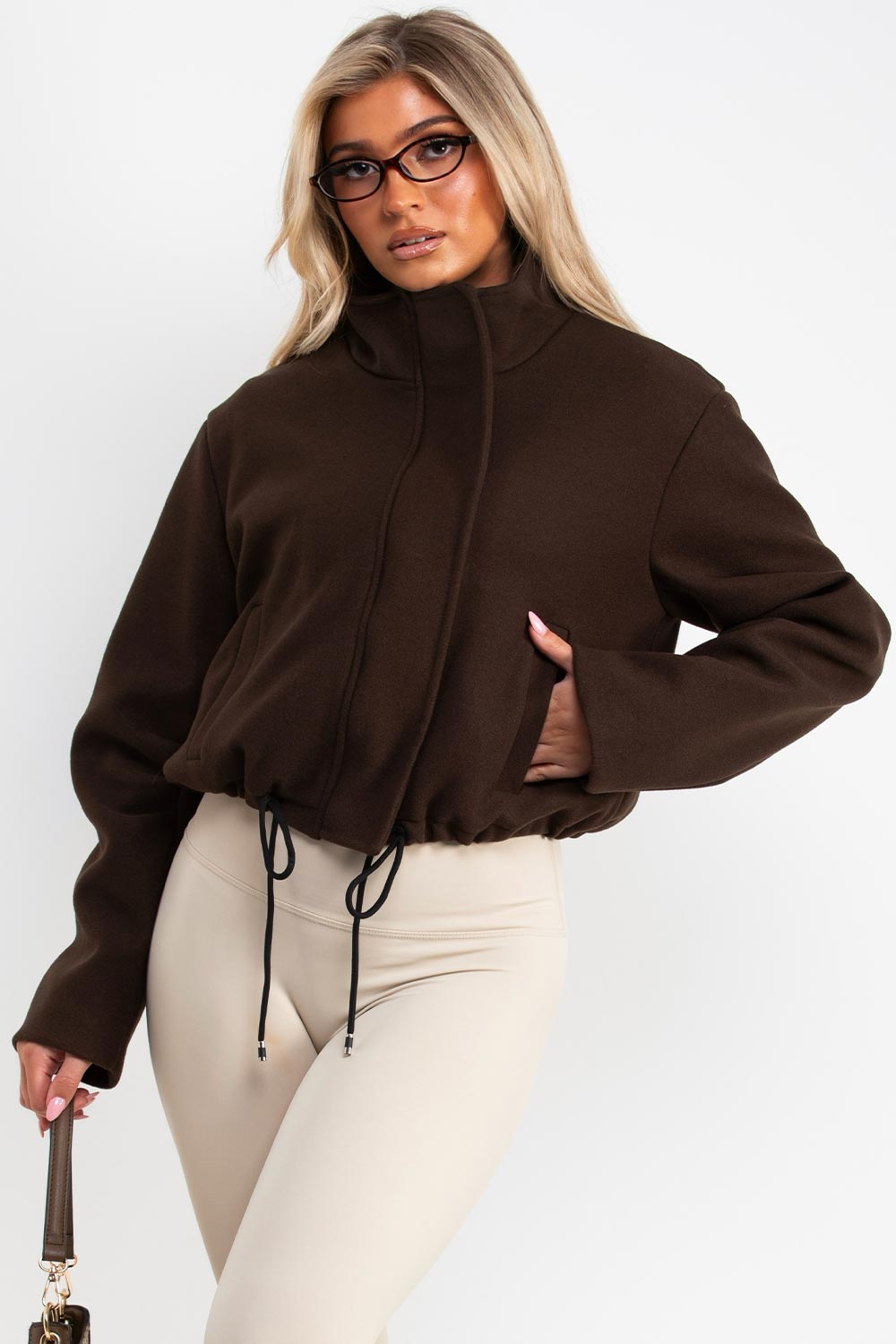 womens funnel neck soft bomber jacket with drawstring hem styledup uk