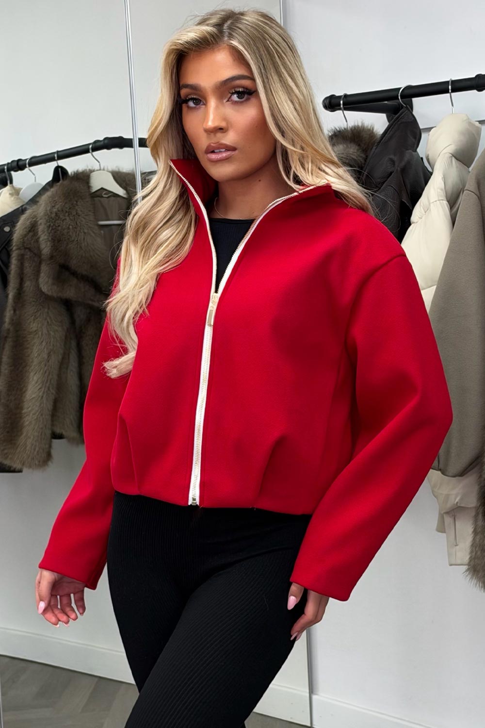 zara womens red bomber jacket with high collar styledup uk